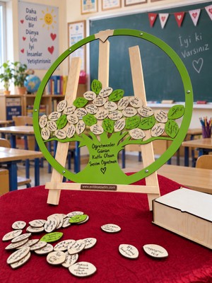 Evlilik Sepetim Öğretmenler Gününe Özel Yeşil Hayat Ağacı Yuvarlak Hatıra Anı Kutusu (50 CM) Kalem ve Şövale Hediyeli