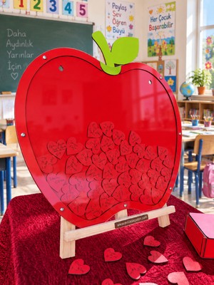 Evlilik Sepetim Öğretmenler Gününe Özel Kırmızı Elma Desenli Hatıra Anı Kutusu (50CM) Kalem ve Şövale Hediyeli