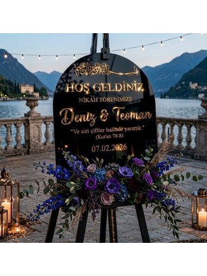 Evlilik Sepetim Siyah Akrilik Düğün Karşılama Panosu | 50X80 cm Gold Yazılı Nikah Tabelası Büyük Boy