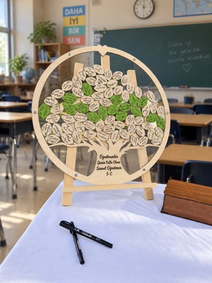 Evlilik Sepetim  Öğretmenler Gününe Özel Yuvarlak Hayat Ağacı Anı Hatıra Kutusu (50CM) Ahşap Kalem ve Şövale Hediyeli