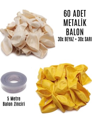 King Shark 60 Adet Beyaz ve Sarı Karışık Metalik Balon + 5 Metre Balon Zinciri