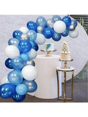 King Shark Balon Parti 100 Adet Beyaz Mavi Gri Lacivert Metalik Balon ve Balon Zinciri