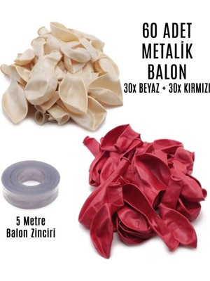 King Shark 60 Adet Beyaz ve Kırmızı Karışık Metalik Balon + 5 Metre Balon Zinciri