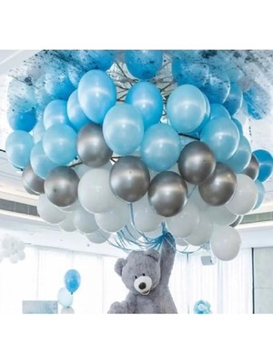 King Shark 30 Adet Metalik Balon (Mavi - Beyaz - Gümüş Karışık) Uçan Balon