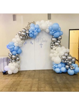 King Shark Krom Gümüş Makaron Mavi ve Beyaz Balon Zinciri 100 Adet