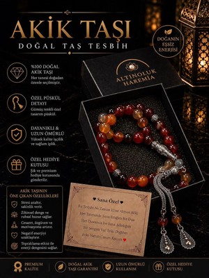 Altınoluk Haremia Özel Kutulu Doğal Akik Taşı Tesbih | 33’lük Kişiye Özel Notlu Hediyelik