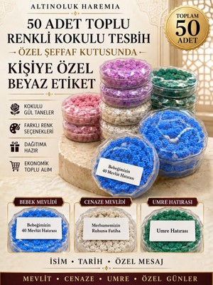 Altınoluk Haremia 50'li Kokulu Tesbih Seti – Gül Taneli Özel Kutulu Kişiye Özel Etiketli