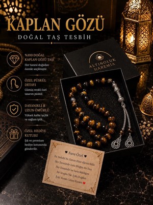Altınoluk Haremia Özel Kutulu Kaplan Gözü Taşı Tesbih | 33’lük Kişiye Özel Notlu Hediyelik