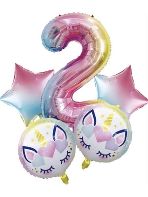 King Shark 2 Yaş Unicorn Gökkuşağı Folyo Balon Set 5'li