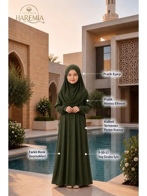 Altınoluk Haremia Çocuk Namaz Elbisesi | Hazır Eşarplı Penye Pratik Model 9-10-11 Yaş Koyu Yeşil