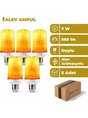 Zeyrise 7W E27 Duylu Alev Efektli LED Ampul 5'li Paket