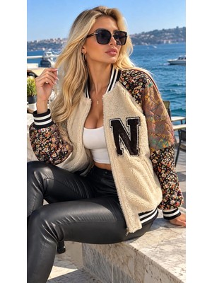 Dolce Queen Kolları Desenli Nakış Detaylı Peluş Bomber Mont – Ekru/kahverengi