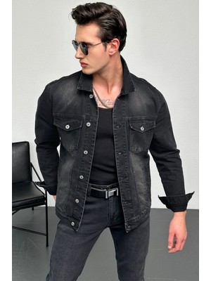 Hlt Jeans Erkek Antrasit Jean Denim Standart Kalıp %100 Pamuk Cepli Düğmeli Kot Ceket HLTHE042101