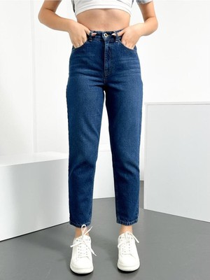 Hlt Jeans Koyu Mavi Kadın Likralı Mom Jean Yüksek Bel Esnek Kot Pantolon Anna-kymavi