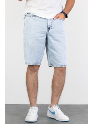 Hlt Jeans Erkek Mavi Kar Yıkamalı Baggy Fit %100 Pamuk Jean Kot Şort ARTHUR-MAVİKAR