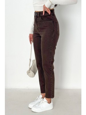 Hlt Jeans Kadın Kahverengi Mom Yüksek Bel Likralı Jean Kot Pantolon ANNA-2074