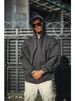 Ayessa Erkek Tam Fermuarlı Cepli Kapüşonlu 3 Iplik Pamuklu Hoodie Sweatshirt - Füme