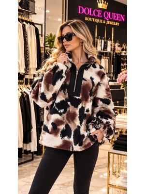 Dolce Queen Fırça Desenli Yarım Fermuarlı Oversize Peluş Sweatshirt