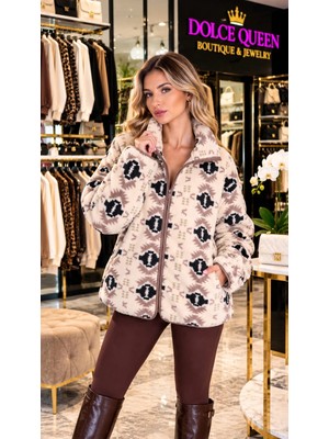 Dolce Queen Otantik Desenli Fermuarlı Peluş Sweatshirt