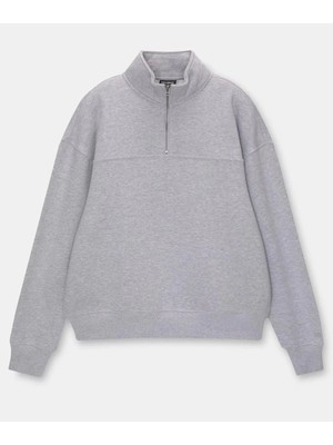 Ayessa Kadın 3 Iplik Pamuklu Oversize Yarım Fermuarlı Yakalı Basic Sweatshirt - Gri