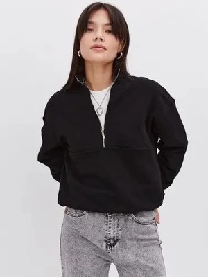 Ayessa Kadın 3 Iplik Pamuklu Oversize Yarım Fermuarlı Yakalı Basic Sweatshirt - Siyah