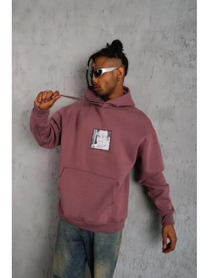Ayessa Erkek 3 Iplik Pamuklu Kapüşonlu Baskılı Cepli Sweatshirt Hoodie - Gül Kurusu