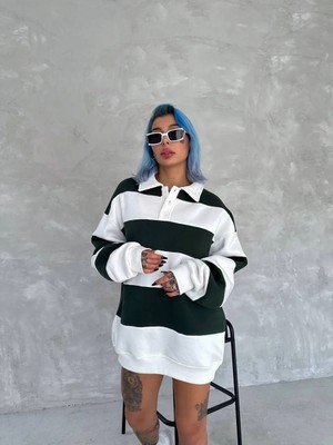 Ayessa Kadın 3 Iplik Pamuklu Parçalı Yakalı Sweatshirt - Yeşil