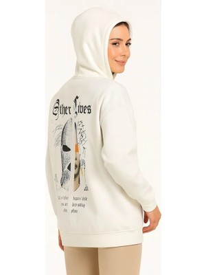 Ayessa Kadın Kapüşonlu Kanguru Cepli Sweatshirt 3 Iplik Pamuklu Baskılı Hoodie - Beyaz