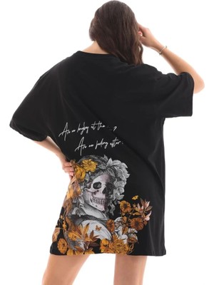 Ayessa Kadın Kısa Kol Yazlık Tişört Bisiklet Yaka Baskılı Oversize T-Shirt - Siyah