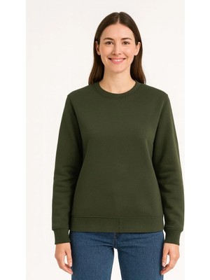 Ayessa Kadın 3 Iplik Pamuklu Düz Bisiklet Yaka Sweatshirt - Haki