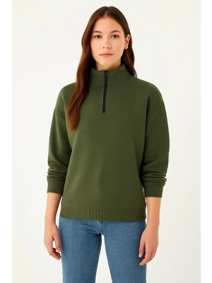 Ayessa Kadın 3 Iplik Dık Yaka Yarım Fermuarlı Sweatshirt - Haki