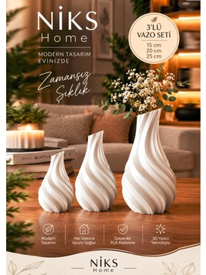 Niks Home 3'lü Vazo Seti Modern Estetik 3D Design, Dekoratif, Bohem Beyaz Modern Şık ve Dekoratif Dayanıklı | Salon | Yatak Odası | Yemek Odası