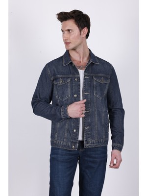 Hlt Jeans Erkek Koyu Mavi Jean Denim Standart Kalıp %100 Pamuk Cepli Düğmeli Kot Ceket HLTHE042110