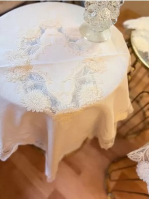 Meks Salon Takımı Flowers Model Gri 5 Parça Keten Dantelli Masa Örtüsü Runner Seti No 747
