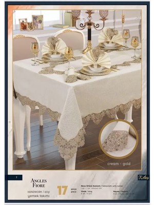 Meks El Işi Angles Flora 17 Parça 8 KIŞILIK165 × 265 cm Krem-Gold Masa Takımı