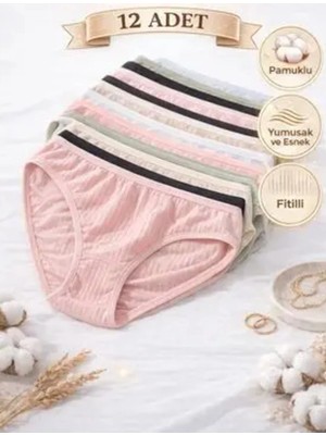 Tutku Kadın 12 Li Paket Soft Mat Renkli Fitilli Pamuklu Külot Rahat Kalıp