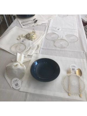 Meks Sofra Takımı Planet Gardenya Keten Yemek Takımı 160X260 Masa Seti 26 Parça Runner Set Krem