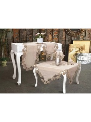 Meks Salon Takımı Flowers Model Kapiçino 5 Parça Keten Dantelli Runner Seti No 9964