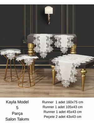 Meks Salon Takımı 5 Parça Keten Masa Örtüsü Runner Seti Çeyizlik Kayla Model No 22252 Krem-Gold