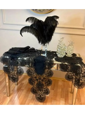 Meks Çeyizlik Palmiye Model Siyah Keten Masa Örtüsü Yolluk Seti 7 Parça Salon Takımı