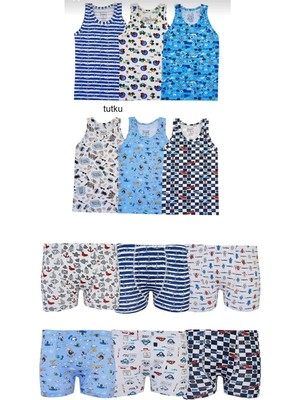Tutku Erkek Cocuk Takımı 6 Adet Desenli Atlet 6 Adet Desenli Baskılı Boxer