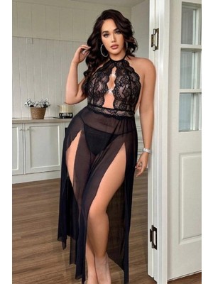 Luvecia Kadın Siyah Büyük Beden Saten Gecelik
