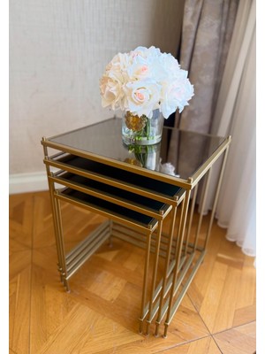 Esey Luxury Elegant 4lü Zigon Sehpa Gold Metal Gövde Ayna Cam Üst Yüzey