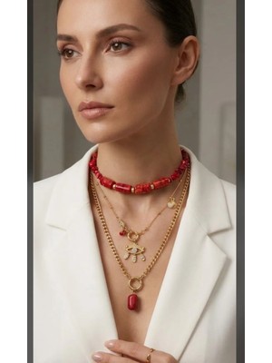 Devi Fashion Mercan Doğal Taş Ayrı Kullanılabilir Kombin Kolye