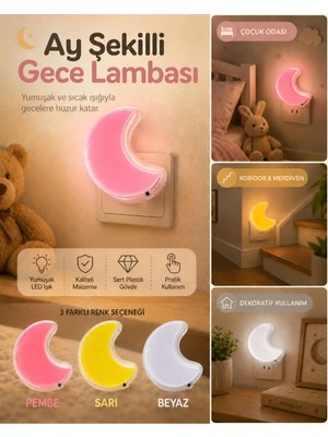 Ay Şeklinde LED Gece Lambası, Prize Takılan Dekoratif, Çocuk Odası ve Koridor Lambası