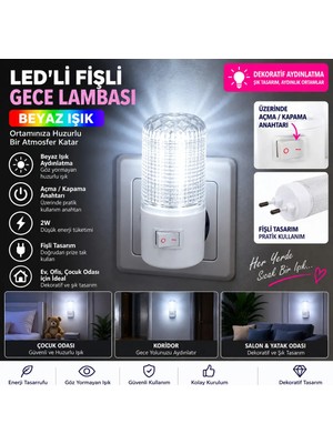 LED Fişli Gece Lambası 2W Beyaz Işık Açma Kapama Anahtarlı Priz Tipi Dekoratif Gece Aydınlatması