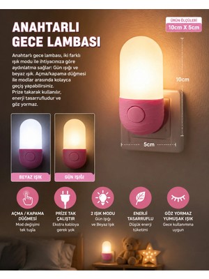 Pembe Gece Lambası LED Priz Tipi Gün Işığı Beyaz Işık 2 Modlu Bebek Çocuk Gece Lambası