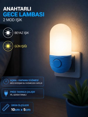 Mavi Gece Lambası LED Priz Tipi Gün Işığı Beyaz Işık 2 Modlu Bebek Çocuk Gece Lambası