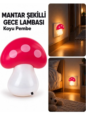 Mantar Şeklinde LED Gece Lambası, Prize Takılan Çocuk Odası, Koridor Dekoratif Aydınlatma, Koyu Pembe Işık