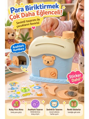 Open City Mavi Ev Tasarımlı Sevimli Çocuk Kumbarası Anahtarlı Para Biriktirme Kutusu Stickerlı 16 x 13 cm